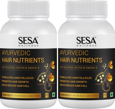 sesa Ayurvedic Hair Nutrients - Plant based DHT Blocker, Biotin & Omega-3 | 60x2 Caps(Pack of 2)