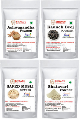 BHRAGU AYURVEDA Ashwagandha+Safed Musli+Shatavari+Kounch/Konch Beej Powder Combo Pack 200g(4 x 50 g)