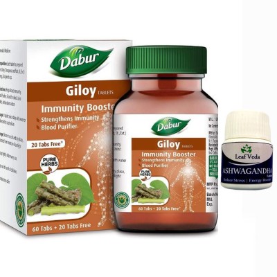 Dabur Giloy Immunity Booster 60Tab + 20Tab Free Each With Leaf Ashwagandha 15 Tab(Pack of 2)