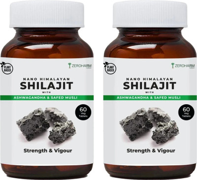 ZEROHARM Nano Himalayan Shilajit With Ashwagandha,Safed Musli & Gokshura|Testo Enhancer(Pack of 2, 120 Tablets)