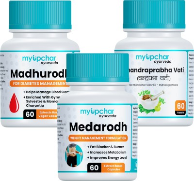 myupchar ayurveda health Care Combo Medarodh Fat Burner, Madhurodh & Chandraprabha Vati Capsules(Pack of 3)