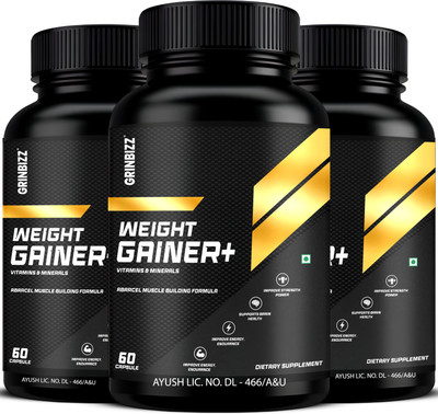grinbizz Effective Weight and Mass Gainer Ayurvedic Weight Gain Capsules for Strength(3 x 60 Capsules)