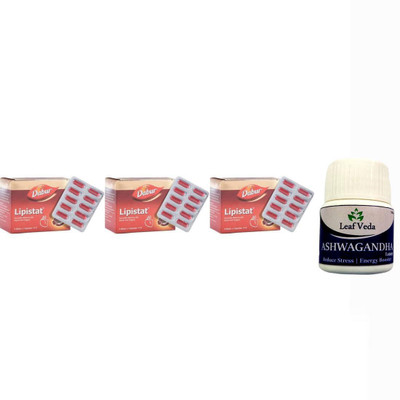 Dabur Lipistat For High Cholesterol Level 5x10 N Each With Leaf Ashwagandha 15 Tab(Pack of 4, 150 Capsules)