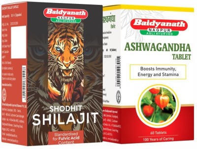 Baidyanath Ashwagandha 60 Tablets (Pack of 2) + Shilajit 30 Capsules