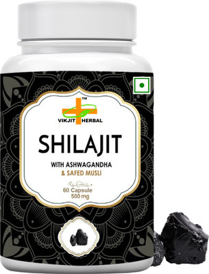 VIKJIT HERBALS AYURVEDIC SHILAJIT WITH ASHWAGANDHA & SAFED MUSL1 60veg capsules pack of 1(60 Capsules)