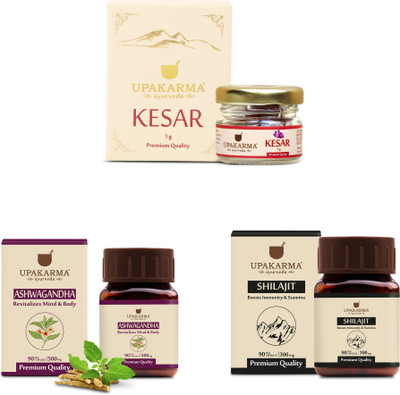 UPAKARMA Combo of Kesar 1g, Ashwagandha 90 Caps and Shilajit 90 Capsules(Pack of 3, 1 g, 90 Capsules, 90 Capsules)
