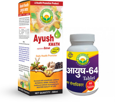 Basic Ayurveda Ayush-64 Tablet With Ayush Kwath Aqueous Liquid Extract Sugar-Free Combo Pack(Pack of 2, 60 Tablets, 500 ml)