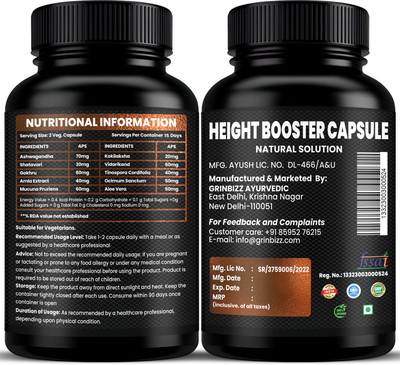 grinbizz Height Booster Natural Growth Support for Kids & Adults, Enhance Stature, Bones(Pack of 3, 90 Capsules)