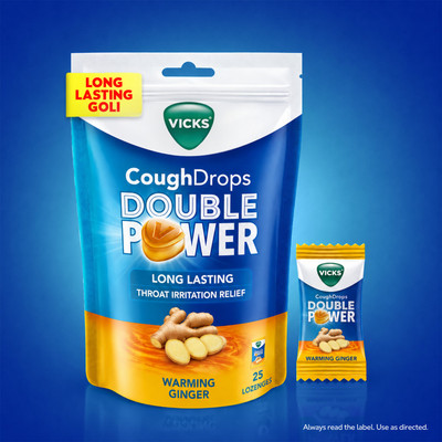 VICKS Double Power Cough Drops Warming Ginger for Fast Throat & Cough Relief Aid(25 Tablets)