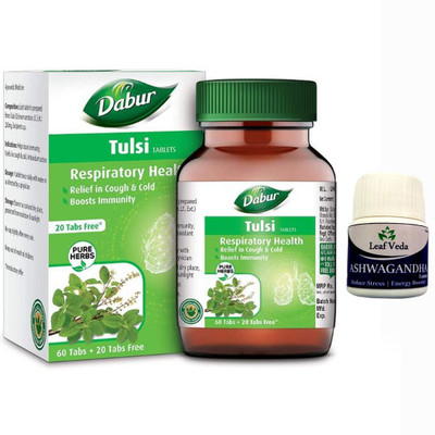 Dabur Tulsi For Cough & Cold (60 + 20) Tab Each With Leaf Ashwagandha 15 Tab(Pack of 2, 60 Tablets)