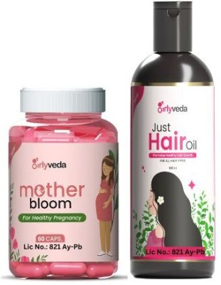 Girlyveda Mother Bloom with Just Ayurvedic Hair Oil |Combo Pack| 60 Caps & 100ML