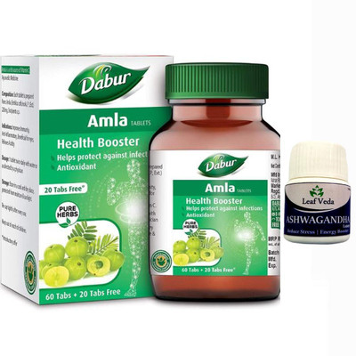 Dabur Amla Health Booster(60 + 20 Tab Free) Each With Leaf Ashwagandha 15 Tab(Pack of 2, 60 Tablets)