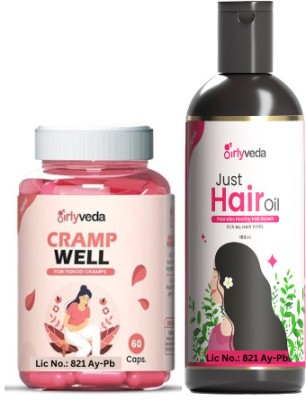 Girlyveda Cramp Well Capsule with Just Ayurvedic Hair Oil|Combo Pack|60 CAPS & 100 ML(2 Items in the set)