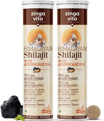 Zingavita 750mg Shilajit Effervescent Tablets for Strength, Cardamom Flavour 15X2(Pack of 2)