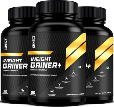 grinbizz Weight Gainer Plus Capsule Support Body Weight/Mass & Muscle Gain/Boost Stamina(Pack of 3, 90 Capsules)