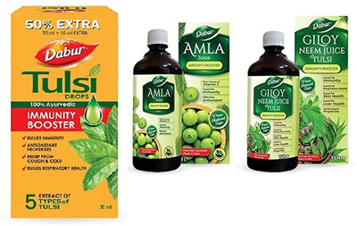 Dabur Tulsi Drop-30ml/Amla Juice/Giloy Neem Tulsi Juice For Immunity Boosting(Pack of 3, 2 L, 30 ml)