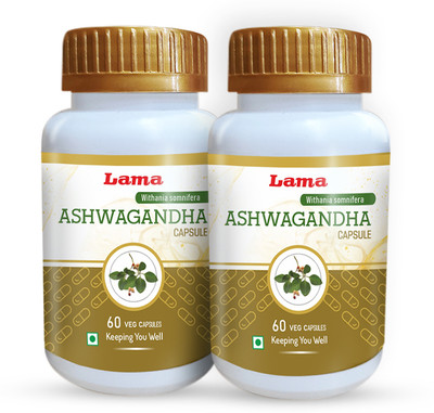 Lama Ashwagandha Capsules | Withania Somnifera Extracts - 60 Vegetarian Capsules(Pack of 2, 120 Capsules)