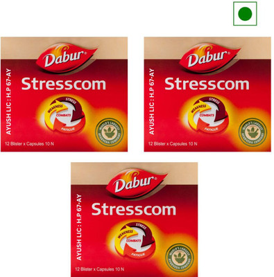 Dabur Stresscom Ayurvedic Capsules (10 × 12 Strip) For Relieve Stress(Pack of 3, 360 Capsules)