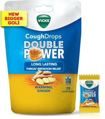 Vicks Cough Drops Double Power (Ginger). Bigger With 2X Ayurvedic Mix (25 Lozenges)(25 Tablets)