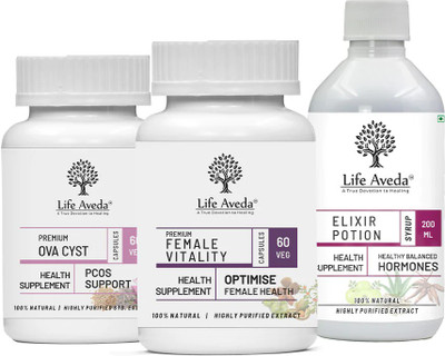 Life Aveda PCOS/PCOD Relief Pack to Regulate Menstrual Cycle & Hormonal balance in Females(Pack of 3, 60 Capsules, 60 Capsules, 200 ml)