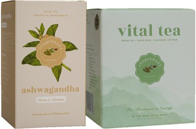 Baidyanath Ayurvedant Ashwagandha Capsules 60 Caps Vital Tea 10 Tea Bags for Vitality(Pack of 2)