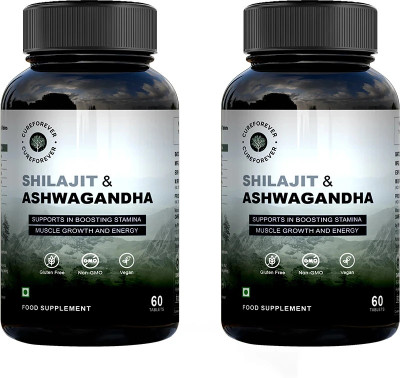 CureForever Himalyan Shilajit Ashwagandha Tablet 1000mg Support Energy Muscle Growth Stamina(Pack of 2, 120 Tablets)