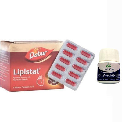 Dabur Lipistat For High Cholesterol Level 5x10 N Each With Leaf Ashwagandha 15 Tab(Pack of 2, 50 Capsules)