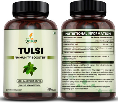 grinbizz Tulsi Immunity Booster Capsules | Natural Immunity Support | Stress Relief(Pack of 2, 120 Capsules)