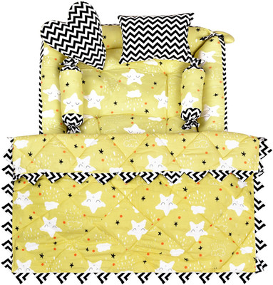 JPEnterprises Cotton Baby Bed Sized Bedding Set(Yellow, 1 Rectangle Bed, 2 Rolling Pillows, 1 Heart & Rectangle Pillows with Sleeping Mattress (Godari))