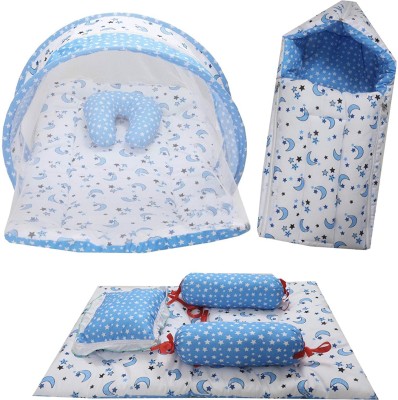 Fareto Combo of Baby Bed with Net | Carry Bag | 4 Pcs Bedding Set(0-6 Months standard crib(Fabric, Blue)