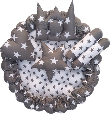 JPEnterprises Cotton Baby Bed Sized Bedding Set(Grey, 1 Round Bed, 2 Rolling Pillows & 3 Designer Pillows)