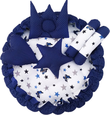 JPEnterprises Cotton Baby Bed Sized Bedding Set(Blue, 1 Round Bed, 2 Rolling Pillows & 3 Designer Pillows)