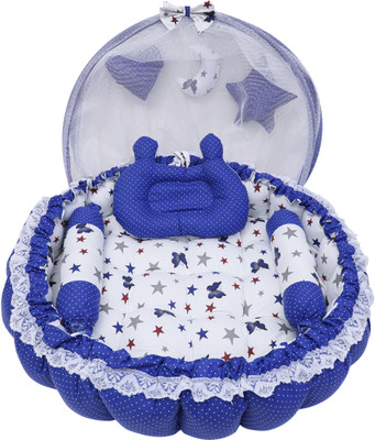 JPEnterprises Cotton Baby Bed Sized Bedding Set(Royal Blue, 1 Round Bed, 2 Rolling Pillows, 1 Teddy Pillow & 3 Designer Pillows)
