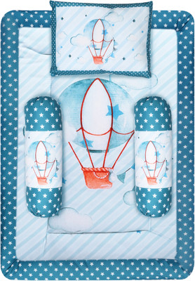 JPEnterprises Cotton Baby Bed Sized Bedding Set(Blue, 1 Rectangle Bed, 2 Rolling Pillows, 1 Rectangle Pillow)