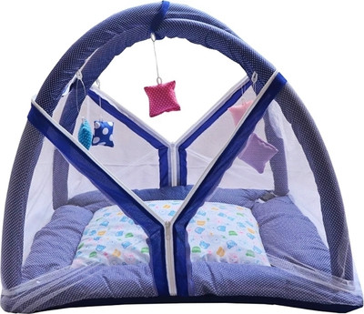 KIRADAY Cotton Infants Washable High Quality Baby Kick & Play Gym with 2 Layer Mattress Baby Bedding Set Mosquito Net(Dark Blue, Bed Box)