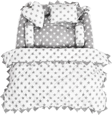 JPEnterprises Cotton Baby Bed Sized Bedding Set(Grey, 1 Rectangle Bed, 2 Rolling Pillows, 1 Heart & Rectangle Pillows with Sleeping Mattress (Godari))
