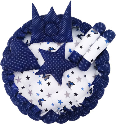 WatchBazzar Cotton Baby Bed Sized Bedding Set(Blue, 1 Round Bed, 2 Rolling Pillows & 3 Designer Pillows)