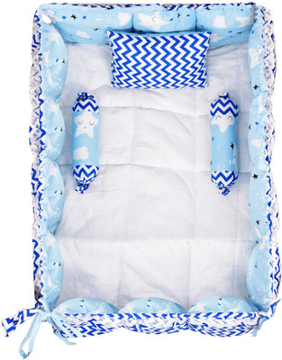 JPEnterprises Cotton Baby Bed Sized Bedding Set(Blue, 1 Rectangle Tube Bed, 2 Rolling Pillows & 1 Rectangle Pillow)