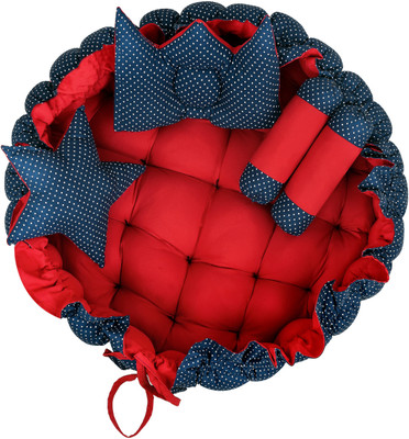JPEnterprises Cotton Baby Bed Sized Bedding Set(Red-Blue, 1 Round Bed, 2 Rolling Pillows & 3 Designer Pillows)