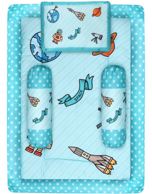 JPEnterprises Cotton Baby Bed Sized Bedding Set(Sky Blue, 1 Rectangle Bed, 2 Rolling Pillows, 1 Rectangle Pillow)