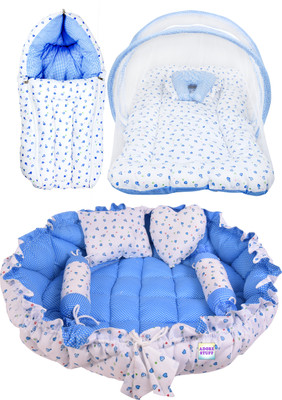 adore stuff blue heart combo nest baby beds mosquito net(Fabric, Blue)