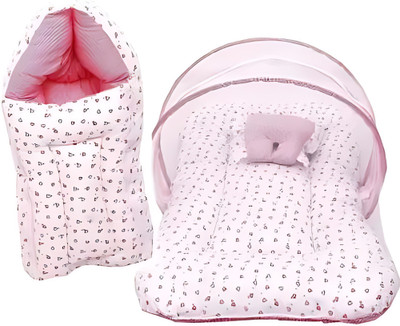 SHEZA ENTERPRISES Baby Bedding Combo Set, Mosquito Net and Sleeping Bag with pillow standard crib(Fabric, Pink)