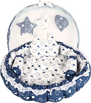 JPEnterprises Cotton Baby Bed Sized Bedding Set(Blue, 1 Round Bed, 2 Rolling Pillows, 1 Teddy Pillow & 3 Designer Pillows)