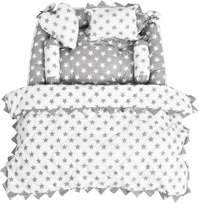 WatchBazzar Cotton Baby Bed Sized Bedding Set(Grey, 1 Rectangle Bed, 2 Rolling Pillows, 1 Heart & Rectangle Pillows with Sleeping Mattress (Godari))