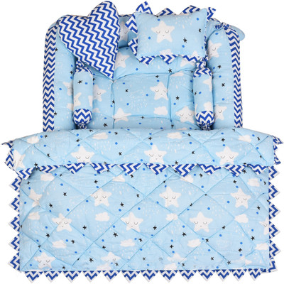 JPEnterprises Cotton Baby Bed Sized Bedding Set(Blue, 1 Rectangle Bed, 2 Rolling Pillows, 1 Heart & Rectangle Pillows with Sleeping Mattress (Godari))