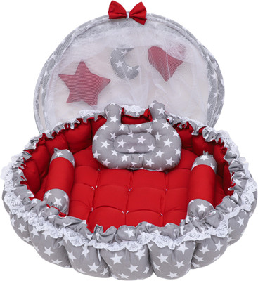 WatchBazzar Cotton Baby Bed Sized Bedding Set(Red, 1 Round Bed, 2 Rolling Pillows, 1 Teddy Pillow & 3 Designer Pillows)