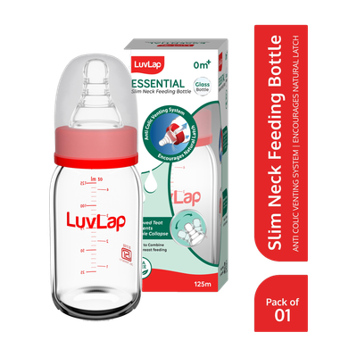 LuvLap Essential Slim Neck Glass Feeding Bottle, Newborns to Toddlers 0M+ Pack of 1 - 125 ml(Red)