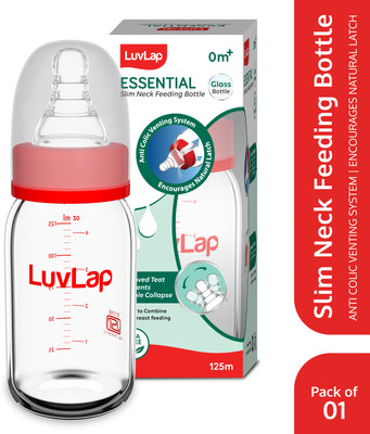 LuvLap Essential Slim Neck Glass Feeding Bottle, Newborns to Toddlers 0M+ Pack of 1 - 125 ml(Red)