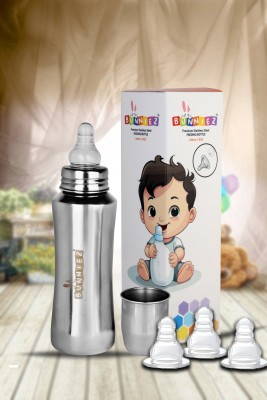 Bunniez Baby stainless steel Bottle, with Anti-Colic Nipple, BPA Free with 3 Nipples - 240 ml(Silver)