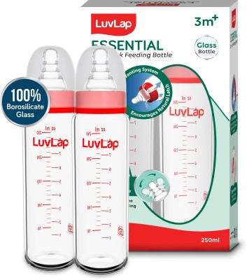 LuvLap Essential Slim Neck Glass Feeding Bottle, New Born/Infants/Toddler Upto 3 Years, Pack of 2, 250ml - 250 ml(Transparent)